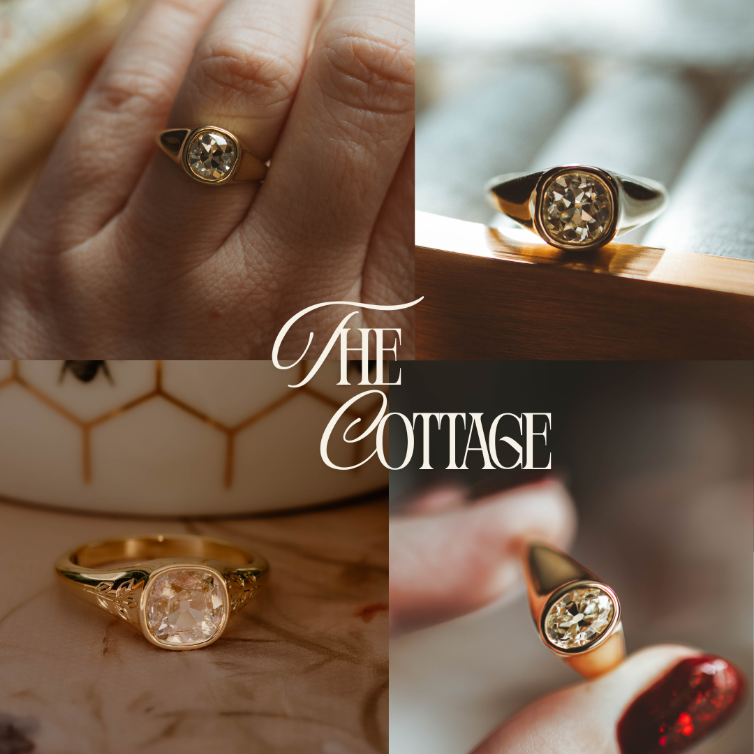 A four-panel collage showing a gold signet-style ring with a round clear gemstone worn on a finger, resting on a wooden surface, and displayed close-up. The center features the text 'The Cottage' over the images.