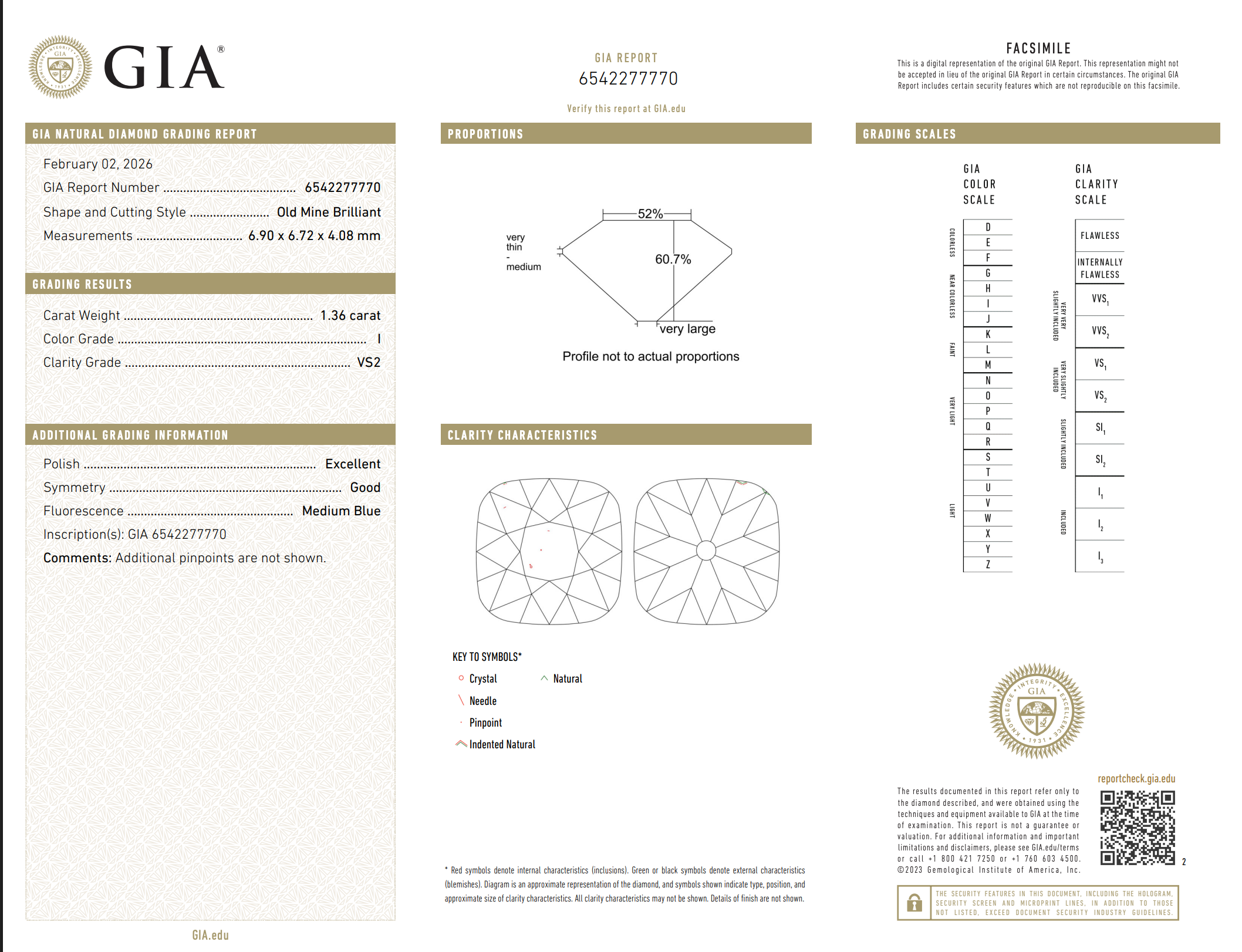 gia certificate for center diamond, old mine brilliant