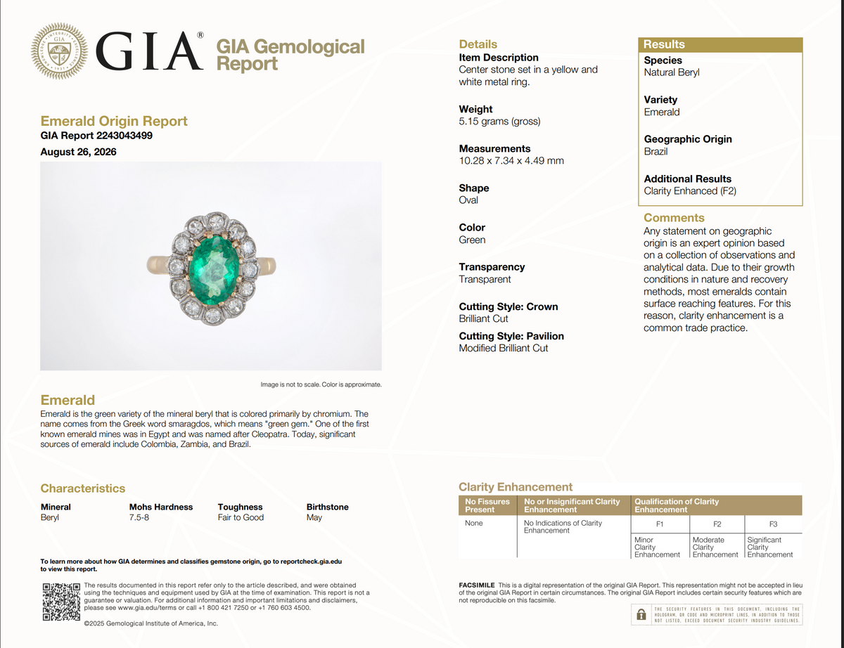 A GIA Gemological Report card for Emerald Origin Report, showing a detailed product report with a gemstone description, measurements, and a color/finish chart for a round brilliant-cut center stone.