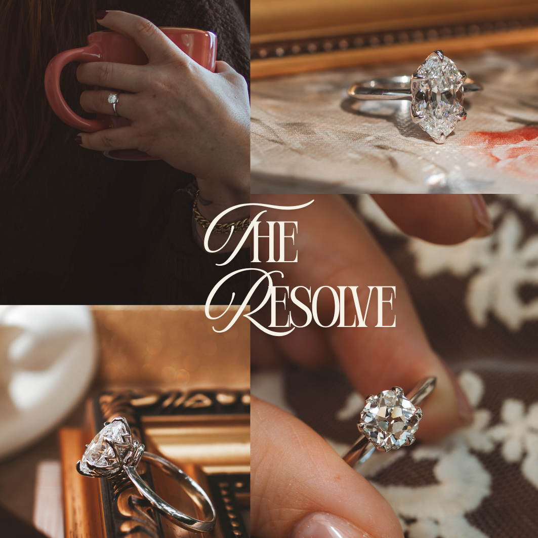 A four-panel collage showcasing a silver ring with a large oval clear gemstone in different lifestyle settings, featuring hands, a pink mug, and ornate gold frames. The center of the collage features the text 'THE RESOLVE' in white script.