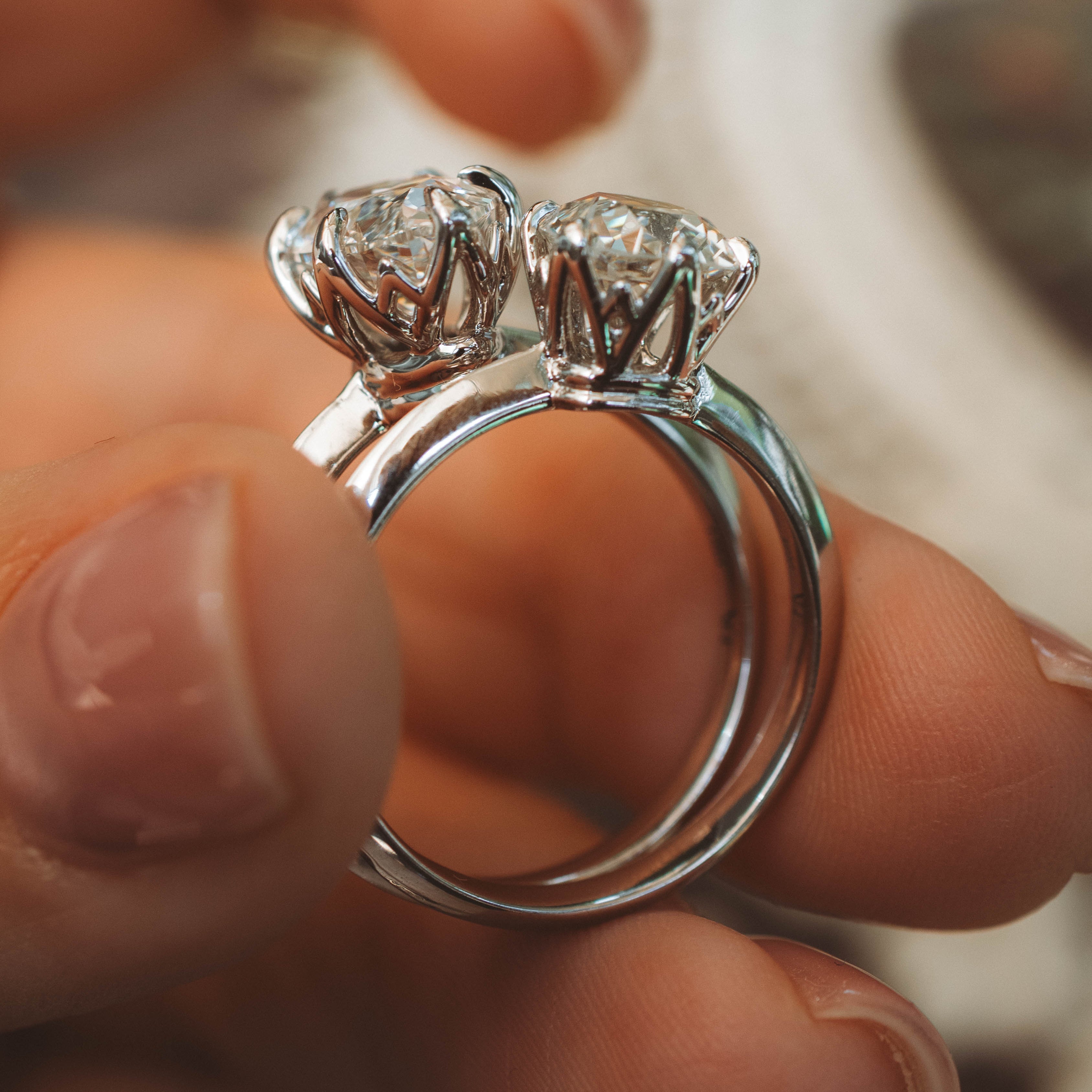 moval diamond white gold solitaire baskets two rings