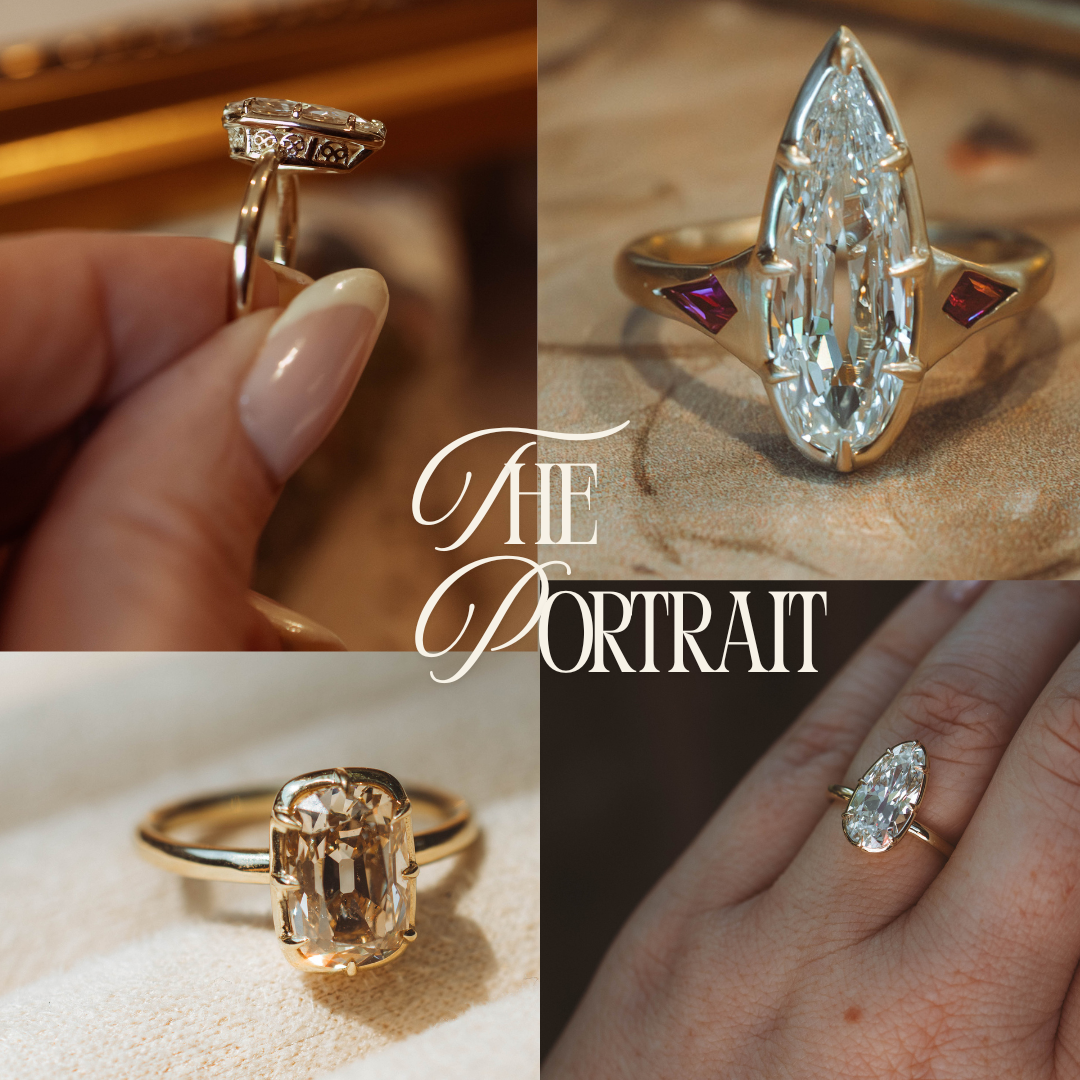 A four-panel collage showcasing gold rings with clear gemstones, including a marquise-cut stone, an emerald-cut stone, and a smaller round stone. One panel shows a hand holding a ring, and another shows a ring worn on a hand.