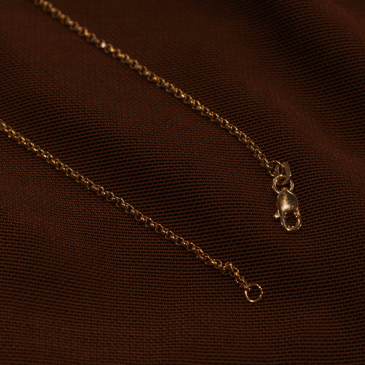 Clasp end of the 14k gold petite rolo chain