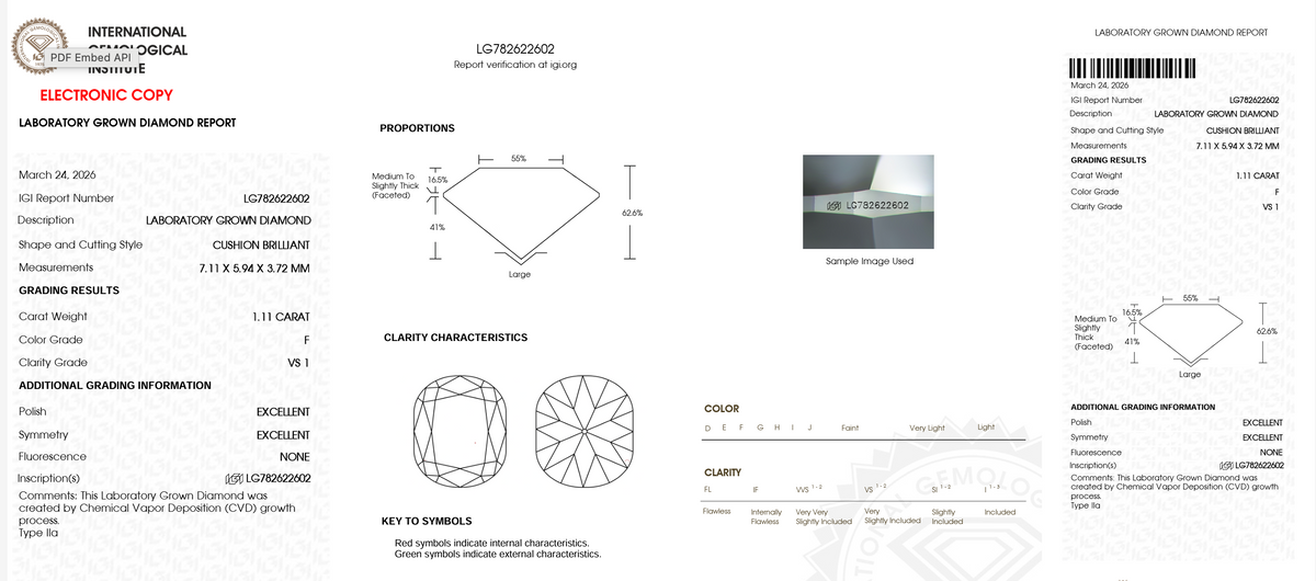 A technical diamond cutting report sheet from International Gemstone Laboratory, showing specifications, measurements, grading results, clarity characteristics, and a key to symbols for a lab-grown round brilliant cut diamond.
