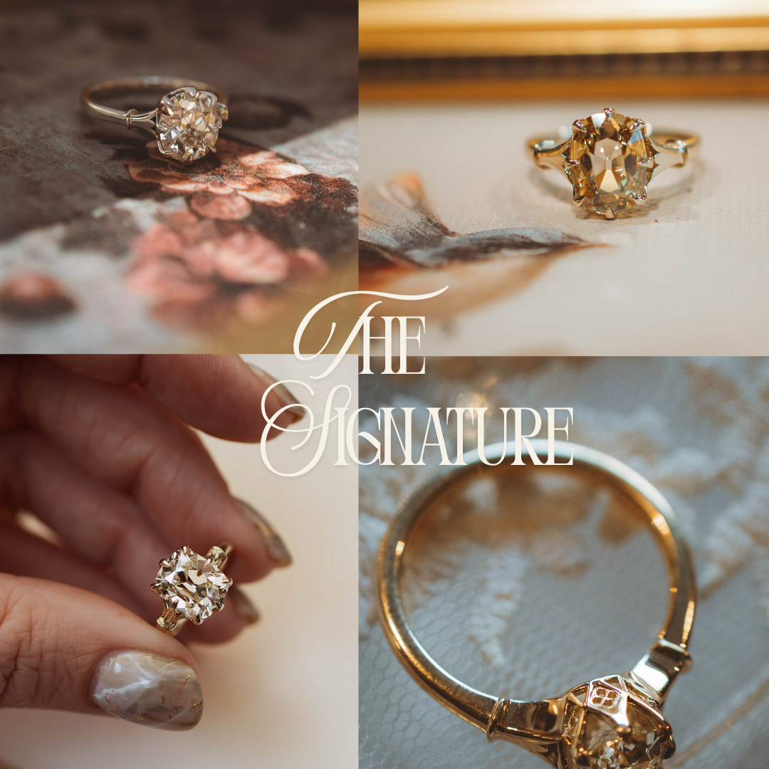 A four-panel collage showcasing gold rings with clear gemstones in different close-up views, including one worn on a hand. The center features the text 'THE SIGNATURE'.