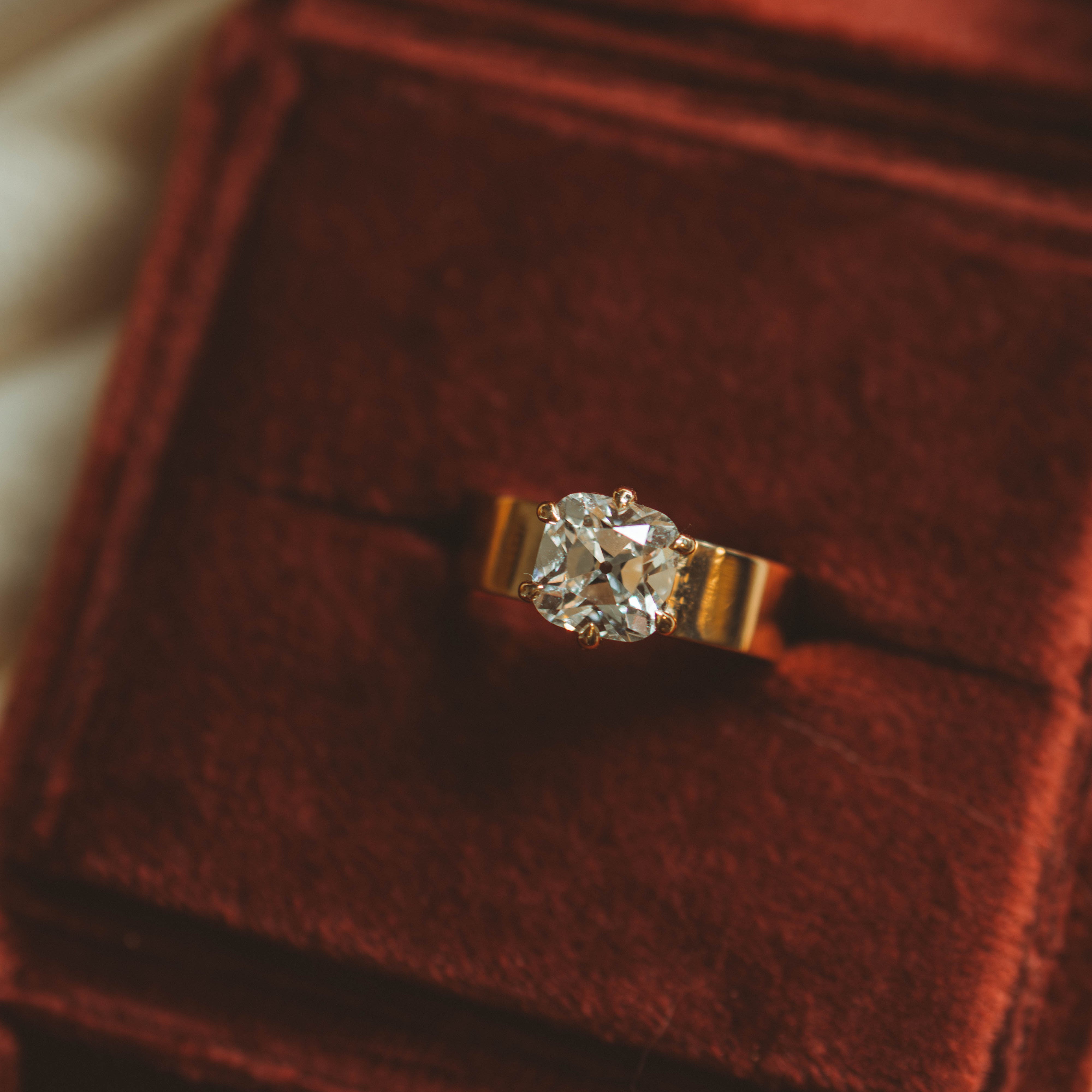 Diamond ring on a red velvet cushion