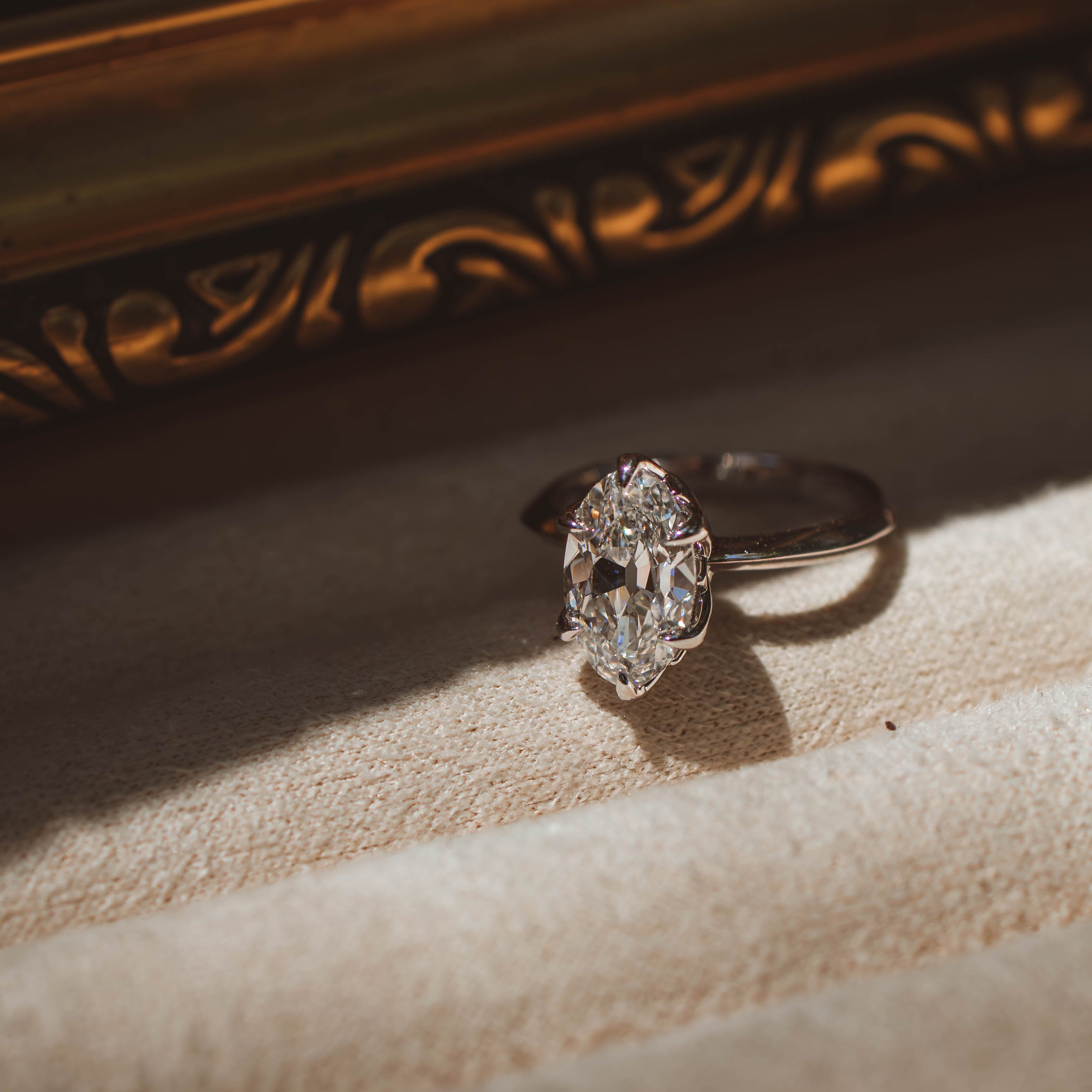 moval diamond white gold solitaire on ring tray in sunlight