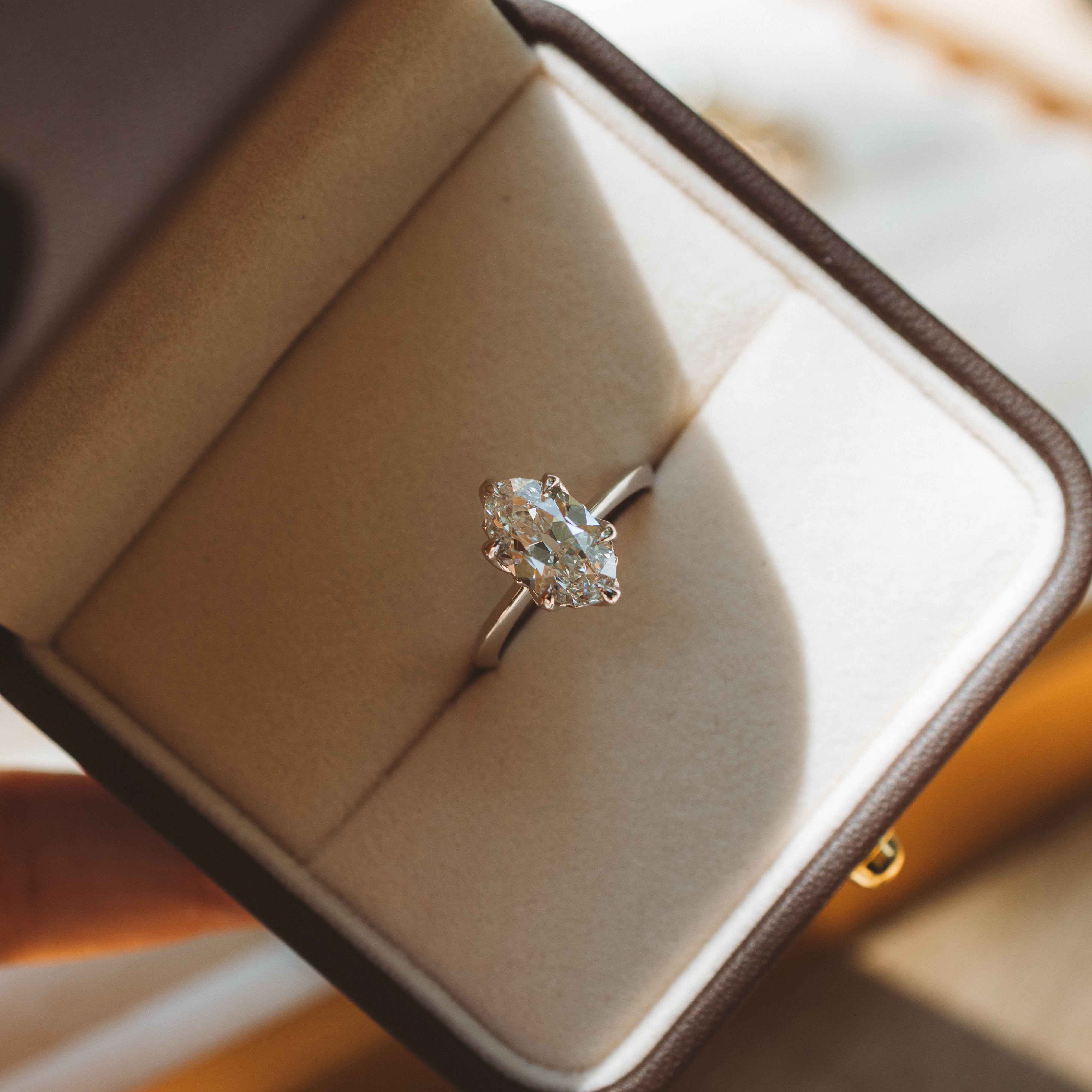 moval diamond white gold solitaire in ring box 